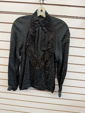 Vintage Ted Lapidus Paris Silk Jacquard Ruffle Tie Blouse FR 36